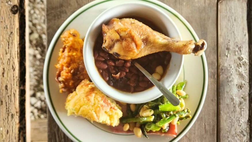 Pictured: A meal cooked on-farm for our team, using Elmwood products.